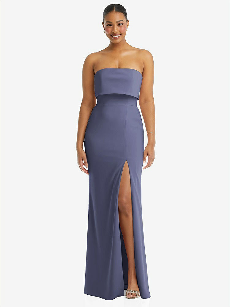 【STYLE: 3115】Strapless Overlay Bodice Crepe Maxi Dress with Front Slit【COLOR: French Blue】