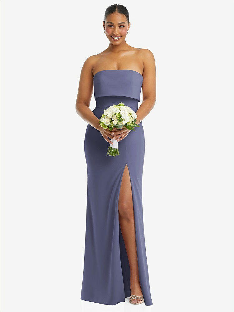 【STYLE: 3115】Strapless Overlay Bodice Crepe Maxi Dress with Front Slit【COLOR: French Blue】