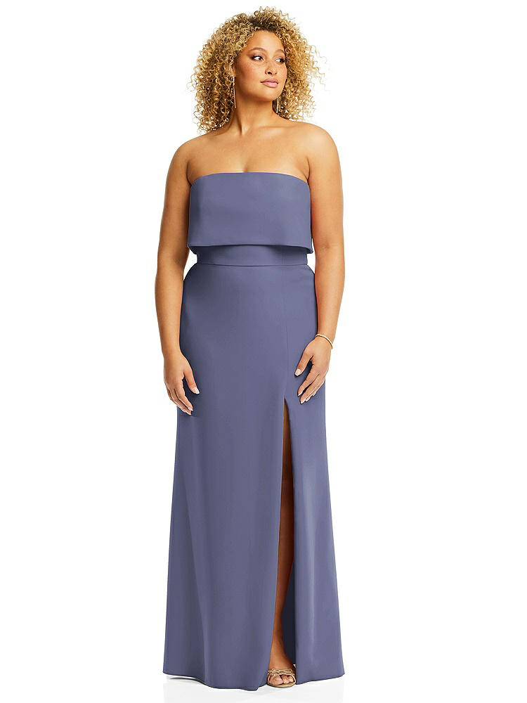 【STYLE: 3115】Strapless Overlay Bodice Crepe Maxi Dress with Front Slit【COLOR: French Blue】