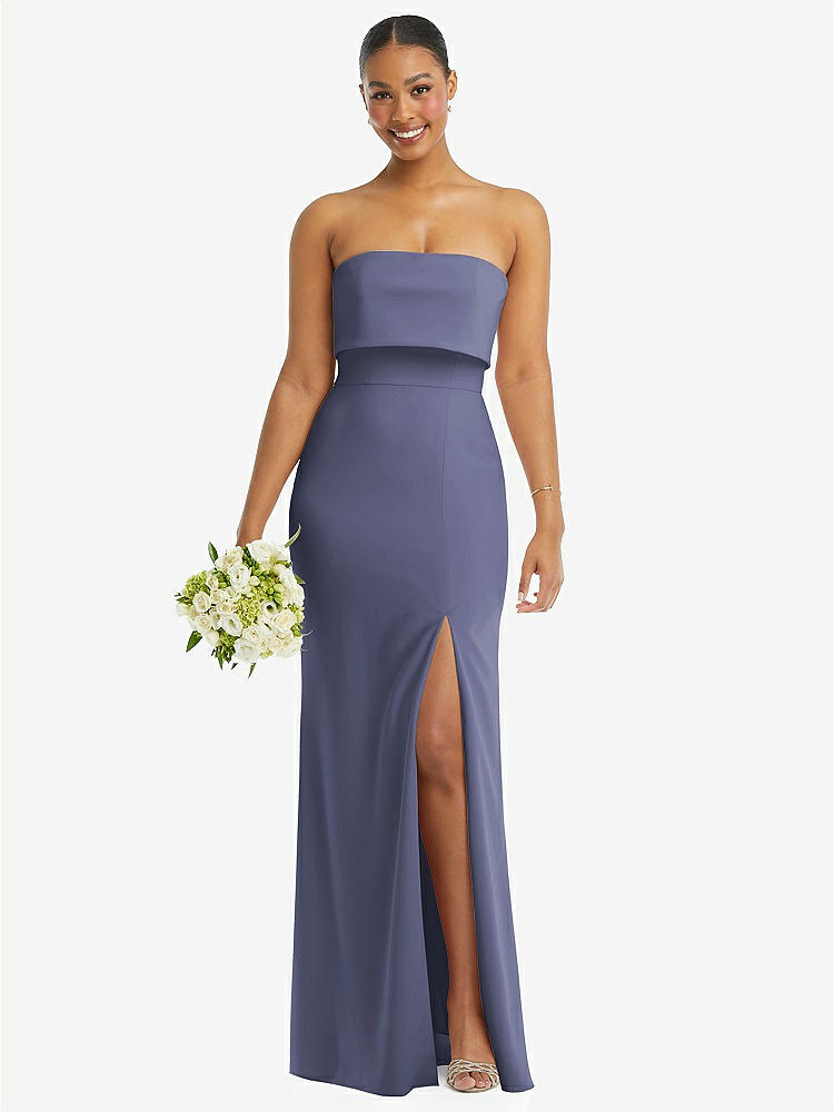 【STYLE: 3115】Strapless Overlay Bodice Crepe Maxi Dress with Front Slit【COLOR: French Blue】