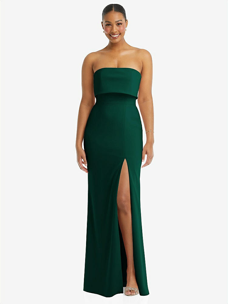 【STYLE: 3115】Strapless Overlay Bodice Crepe Maxi Dress with Front Slit【COLOR: Hunter Green】