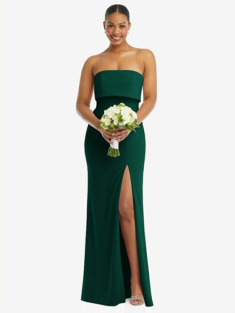【STYLE: 3115】Strapless Overlay Bodice Crepe Maxi Dress with Front Slit【COLOR: Hunter Green】