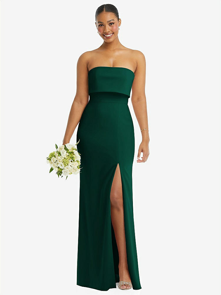 【STYLE: 3115】Strapless Overlay Bodice Crepe Maxi Dress with Front Slit【COLOR: Hunter Green】