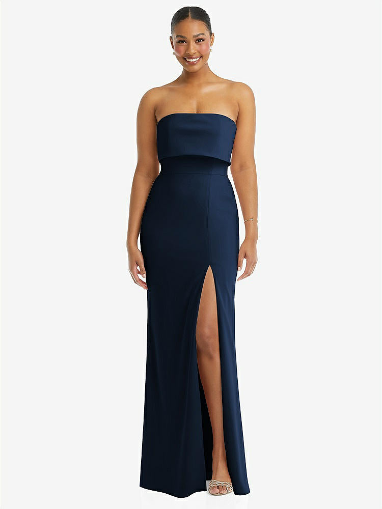 【STYLE: 3115】Strapless Overlay Bodice Crepe Maxi Dress with Front Slit【COLOR: Midnight Navy】