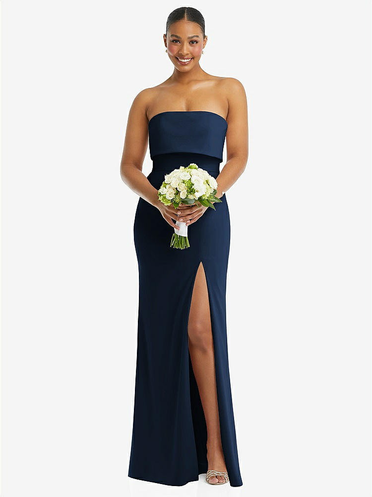 【STYLE: 3115】Strapless Overlay Bodice Crepe Maxi Dress with Front Slit【COLOR: Midnight Navy】