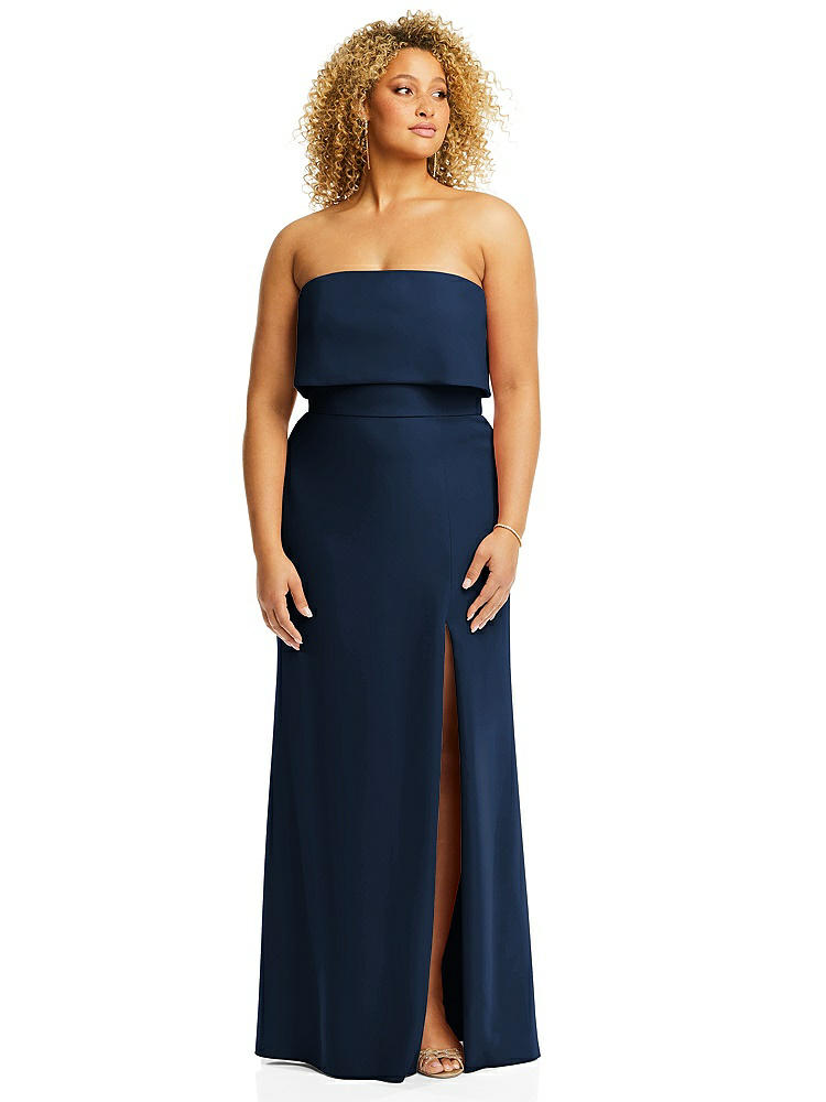 【STYLE: 3115】Strapless Overlay Bodice Crepe Maxi Dress with Front Slit【COLOR: Midnight Navy】