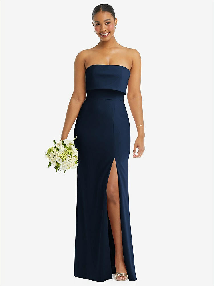 【STYLE: 3115】Strapless Overlay Bodice Crepe Maxi Dress with Front Slit【COLOR: Midnight Navy】