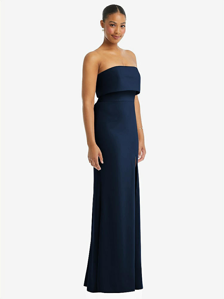 【STYLE: 3115】Strapless Overlay Bodice Crepe Maxi Dress with Front Slit【COLOR: Midnight Navy】