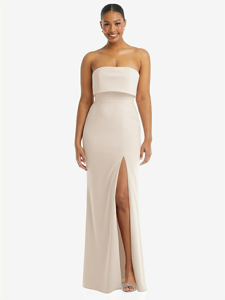 【STYLE: 3115】Strapless Overlay Bodice Crepe Maxi Dress with Front Slit【COLOR: Oat】