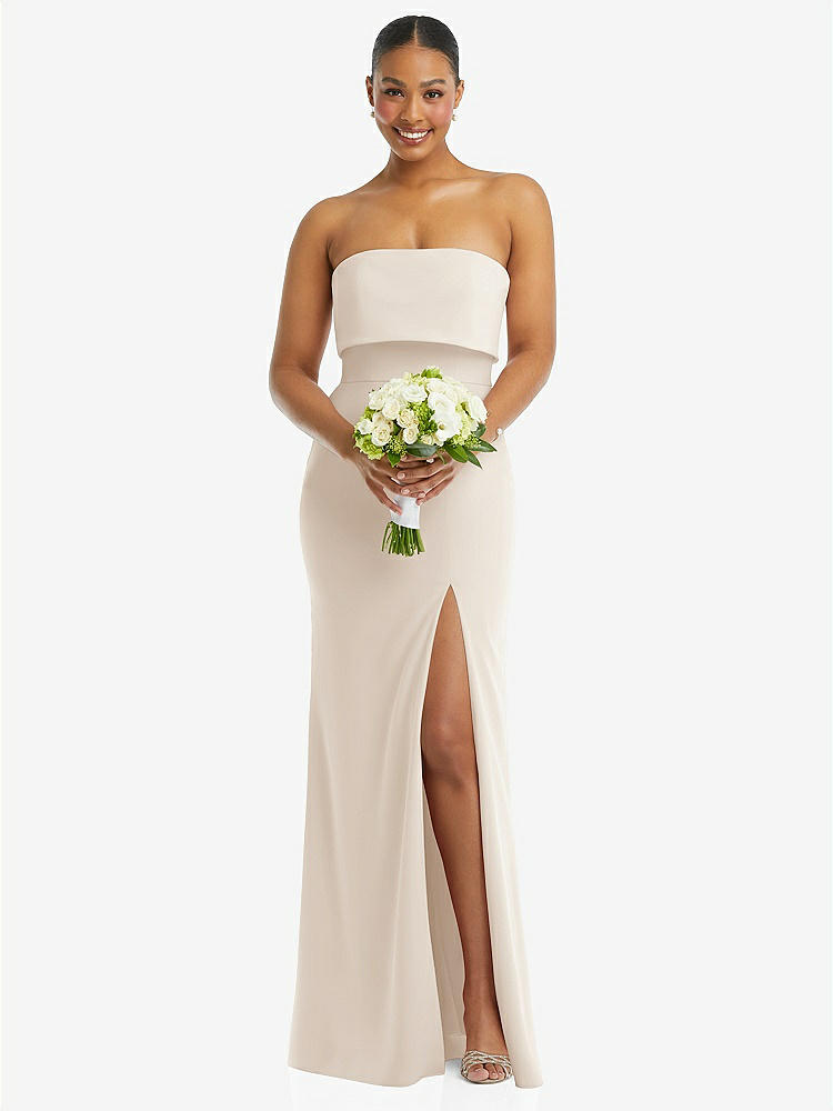 【STYLE: 3115】Strapless Overlay Bodice Crepe Maxi Dress with Front Slit【COLOR: Oat】