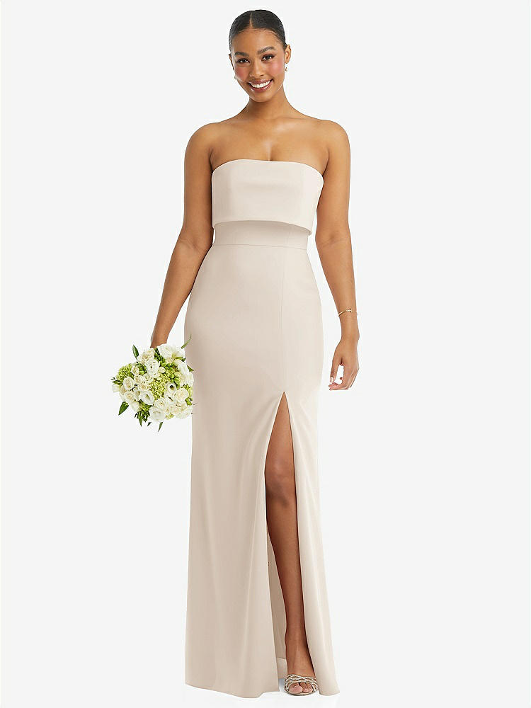 【STYLE: 3115】Strapless Overlay Bodice Crepe Maxi Dress with Front Slit【COLOR: Oat】