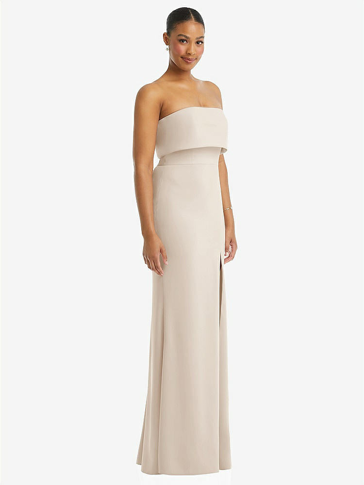 【STYLE: 3115】Strapless Overlay Bodice Crepe Maxi Dress with Front Slit【COLOR: Oat】