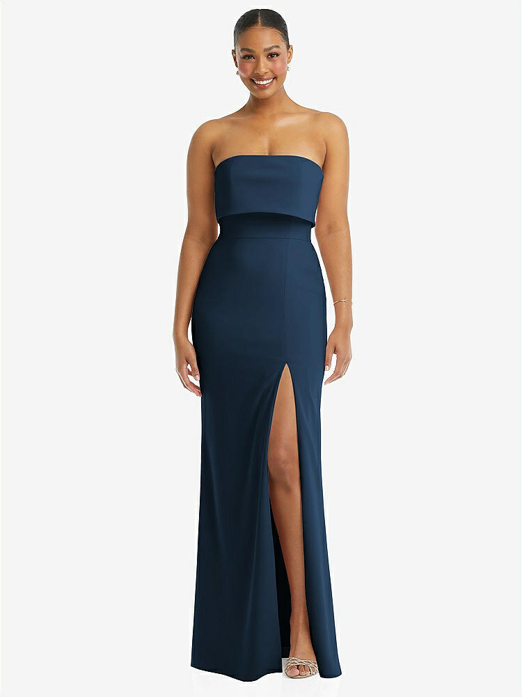 【STYLE: 3115】Strapless Overlay Bodice Crepe Maxi Dress with Front Slit【COLOR: Sofia Blue】