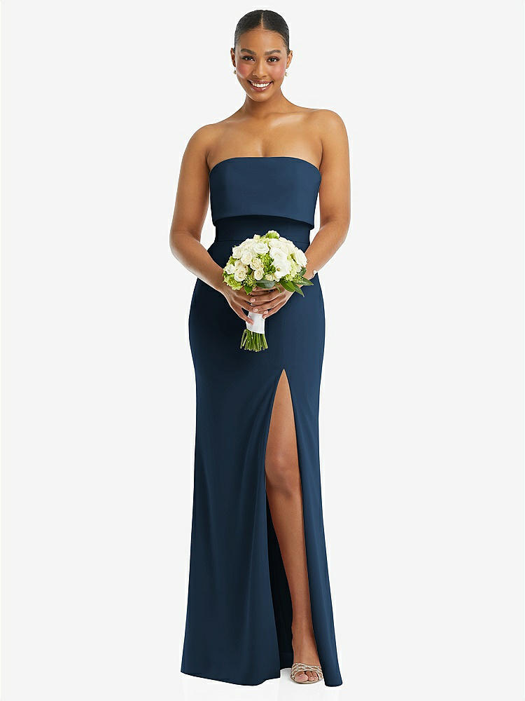 【STYLE: 3115】Strapless Overlay Bodice Crepe Maxi Dress with Front Slit【COLOR: Sofia Blue】