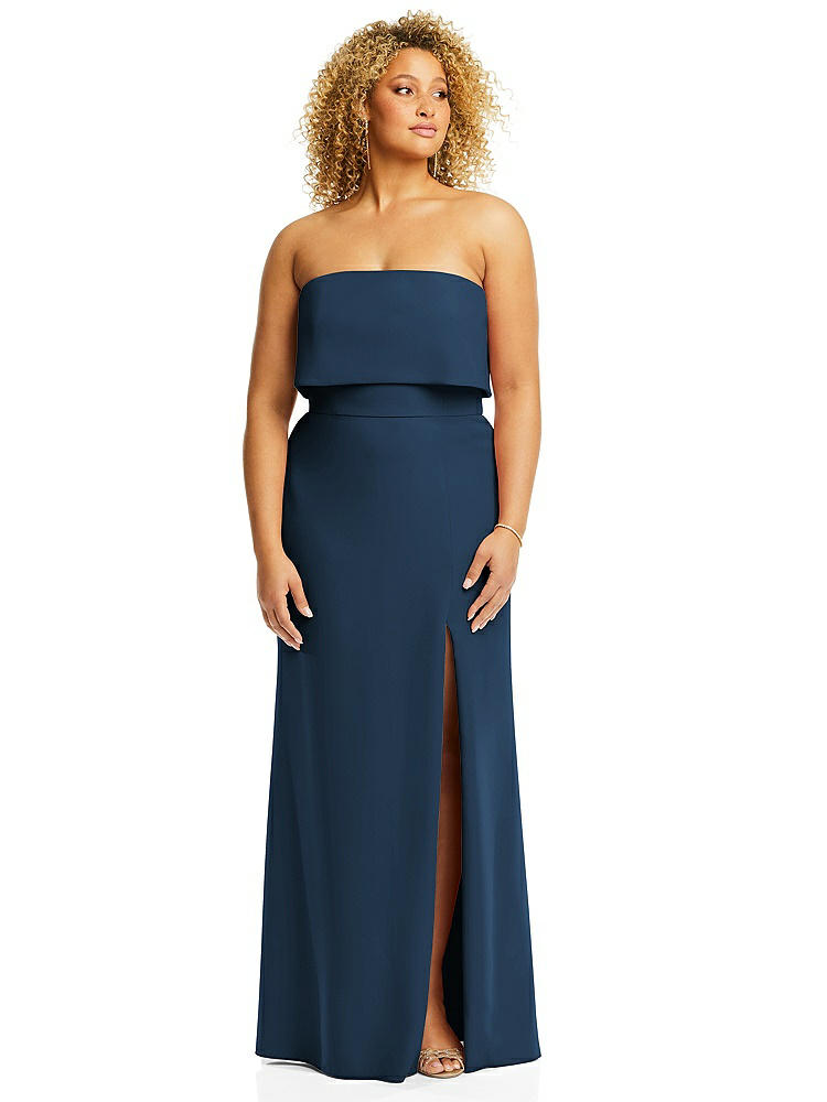 【STYLE: 3115】Strapless Overlay Bodice Crepe Maxi Dress with Front Slit【COLOR: Sofia Blue】