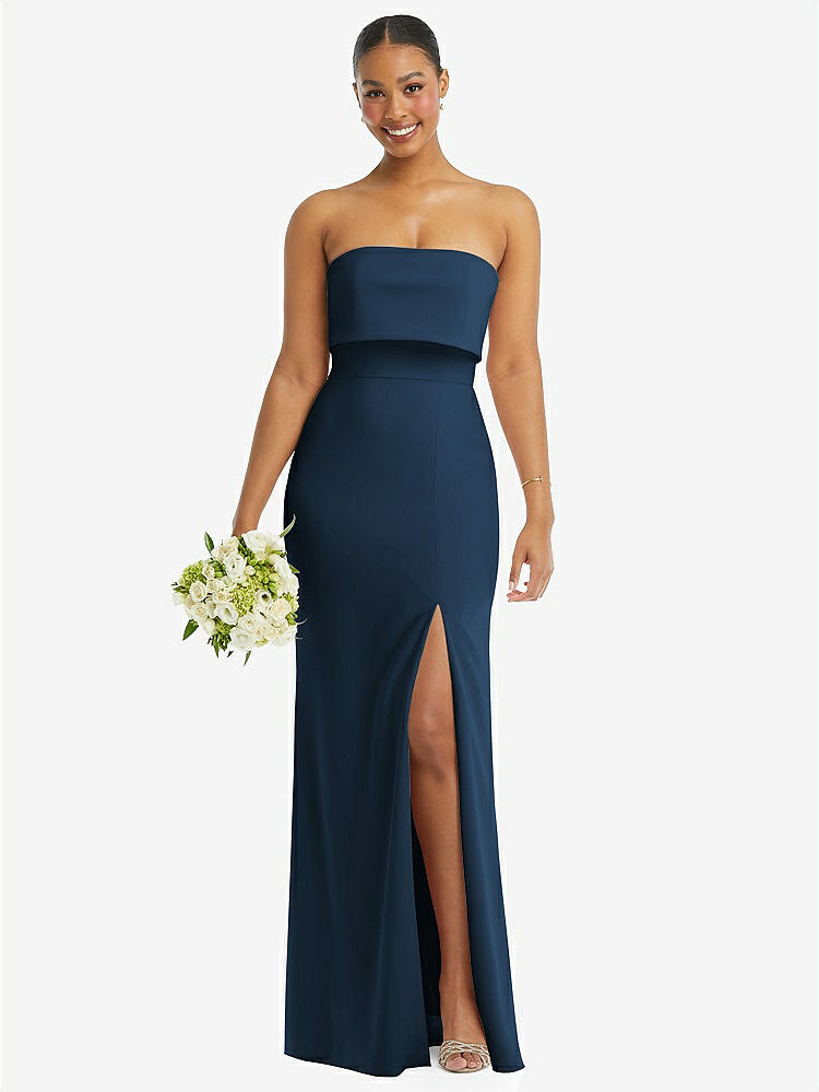 【STYLE: 3115】Strapless Overlay Bodice Crepe Maxi Dress with Front Slit【COLOR: Sofia Blue】