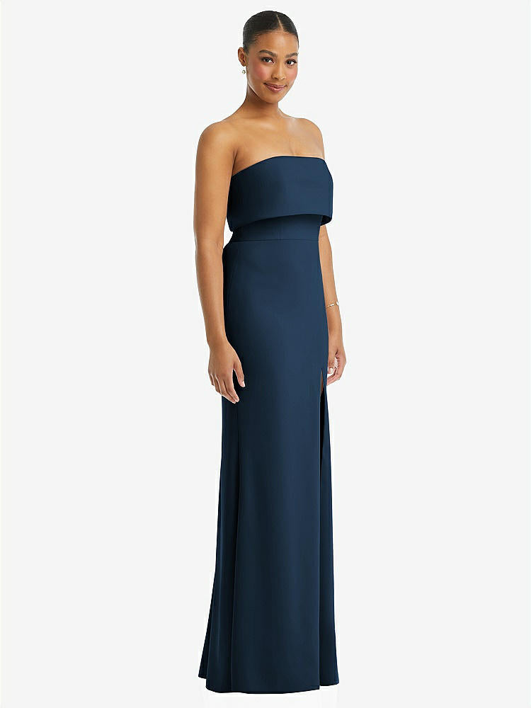 【STYLE: 3115】Strapless Overlay Bodice Crepe Maxi Dress with Front Slit【COLOR: Sofia Blue】