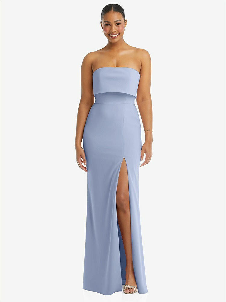 【STYLE: 3115】Strapless Overlay Bodice Crepe Maxi Dress with Front Slit【COLOR: Sky Blue】