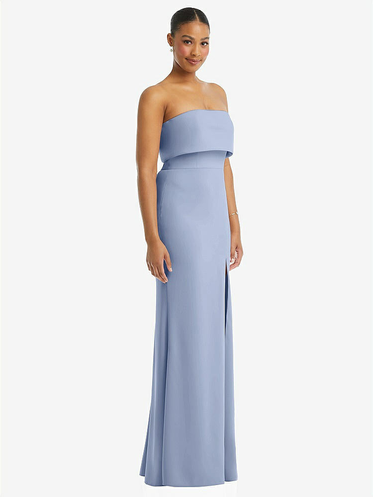 【STYLE: 3115】Strapless Overlay Bodice Crepe Maxi Dress with Front Slit【COLOR: Sky Blue】