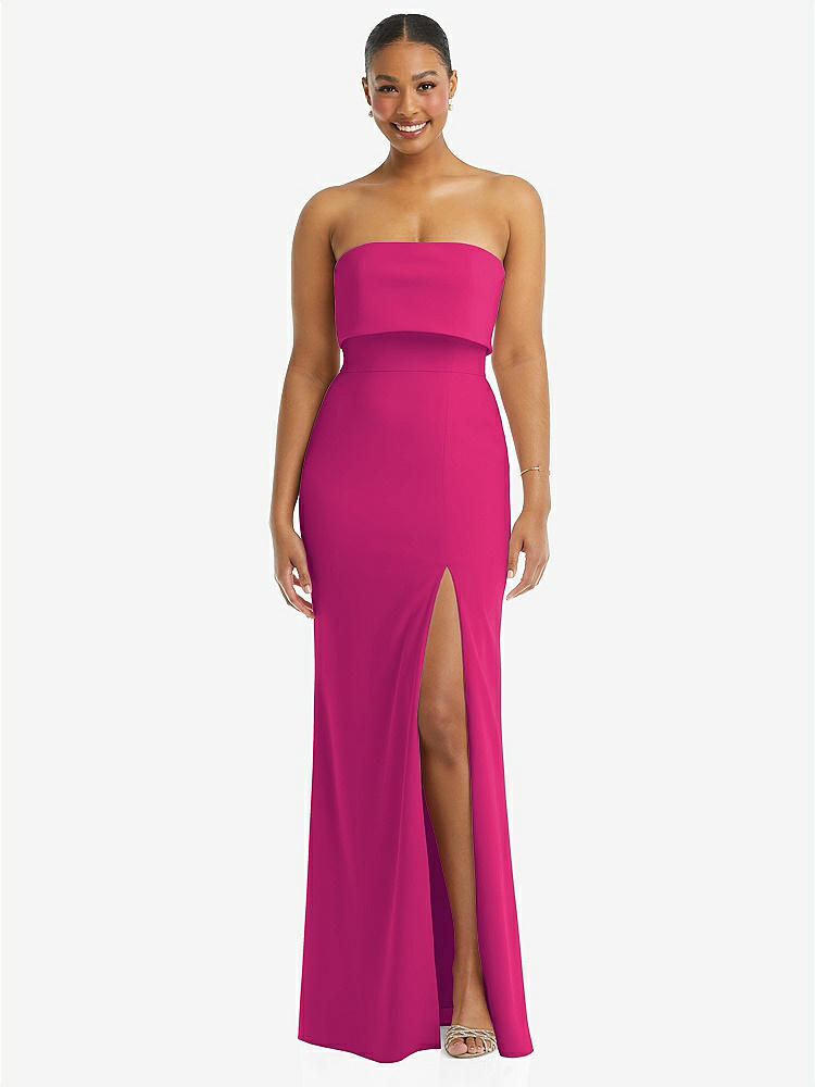 【STYLE: 3115】Strapless Overlay Bodice Crepe Maxi Dress with Front Slit【COLOR: Think Pink】