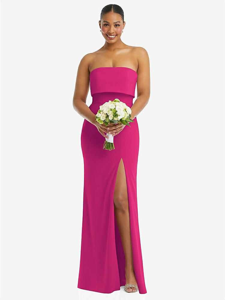 【STYLE: 3115】Strapless Overlay Bodice Crepe Maxi Dress with Front Slit【COLOR: Think Pink】