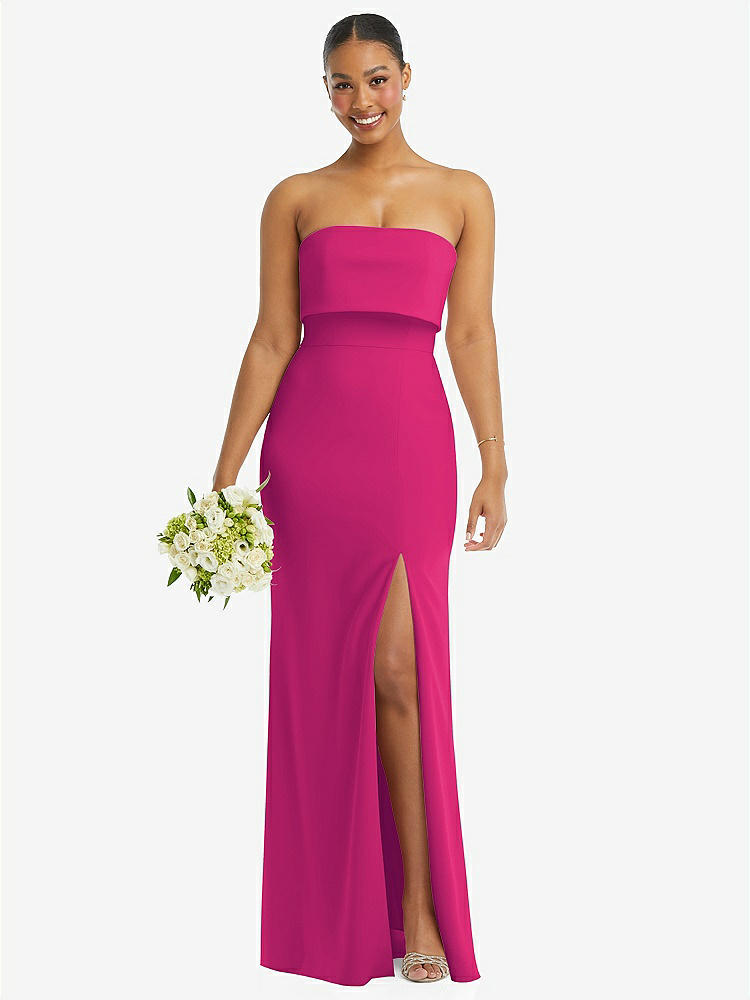 【STYLE: 3115】Strapless Overlay Bodice Crepe Maxi Dress with Front Slit【COLOR: Think Pink】