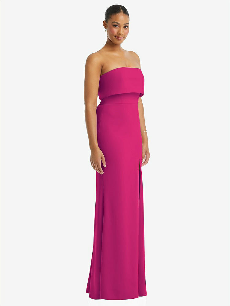 【STYLE: 3115】Strapless Overlay Bodice Crepe Maxi Dress with Front Slit【COLOR: Think Pink】