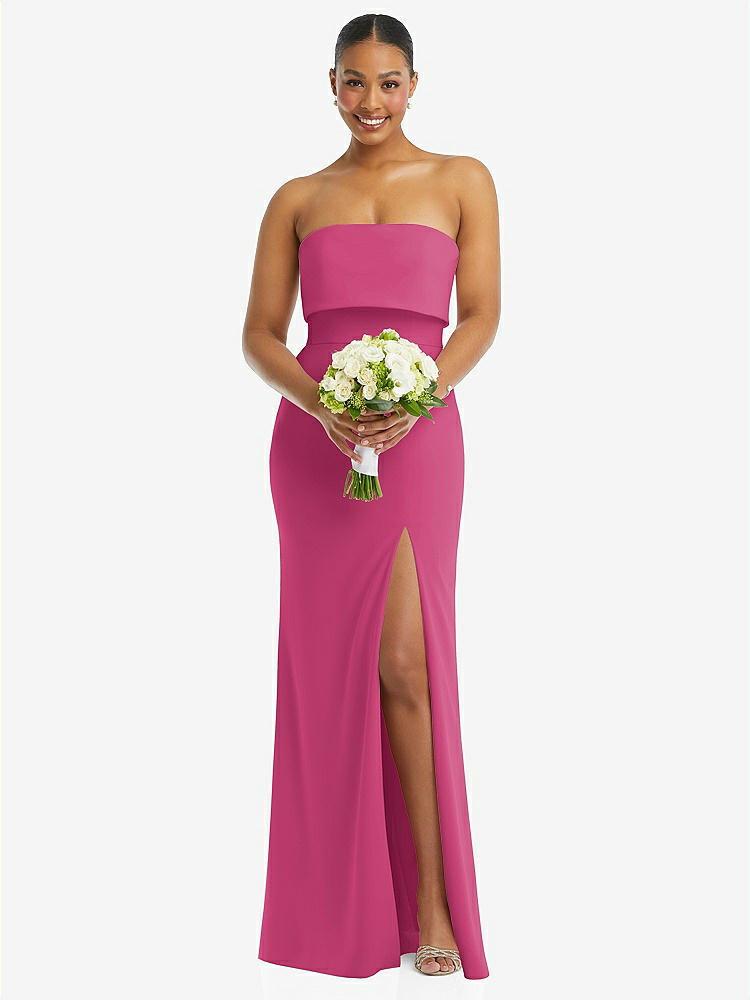 【STYLE: 3115】Strapless Overlay Bodice Crepe Maxi Dress with Front Slit【COLOR: Tea Rose】