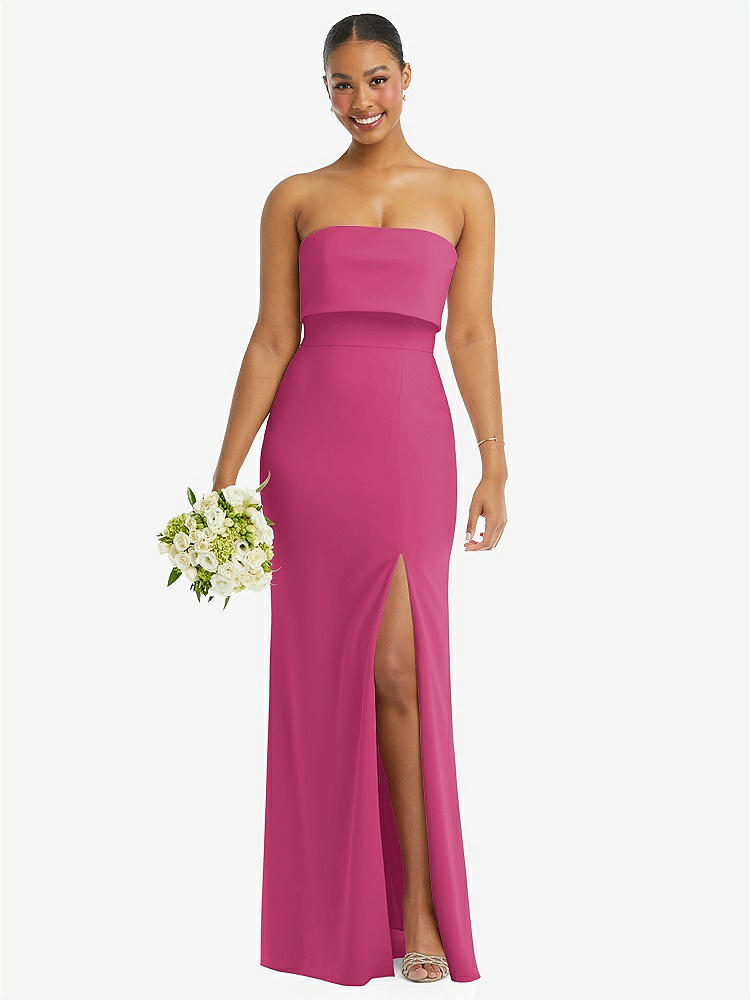 【STYLE: 3115】Strapless Overlay Bodice Crepe Maxi Dress with Front Slit【COLOR: Tea Rose】
