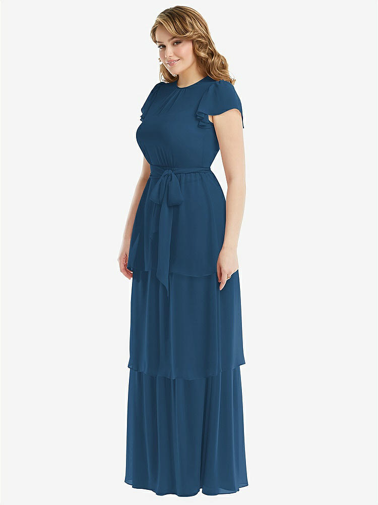 【STYLE: 3116】Flutter Sleeve Jewel Neck Chiffon Maxi Dress with Tiered Ruffle Skirt【COLOR: Dusk Blue】