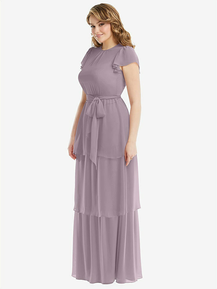 【STYLE: 3116】Flutter Sleeve Jewel Neck Chiffon Maxi Dress with Tiered Ruffle Skirt【COLOR: Lilac Dusk】