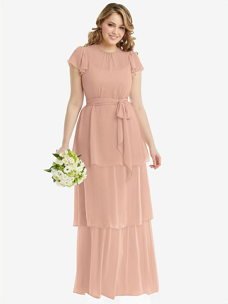 【STYLE: 3116】Flutter Sleeve Jewel Neck Chiffon Maxi Dress with Tiered Ruffle Skirt【COLOR: Pale Peach】
