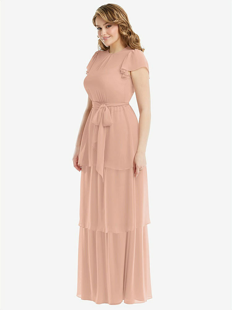 【STYLE: 3116】Flutter Sleeve Jewel Neck Chiffon Maxi Dress with Tiered Ruffle Skirt【COLOR: Pale Peach】