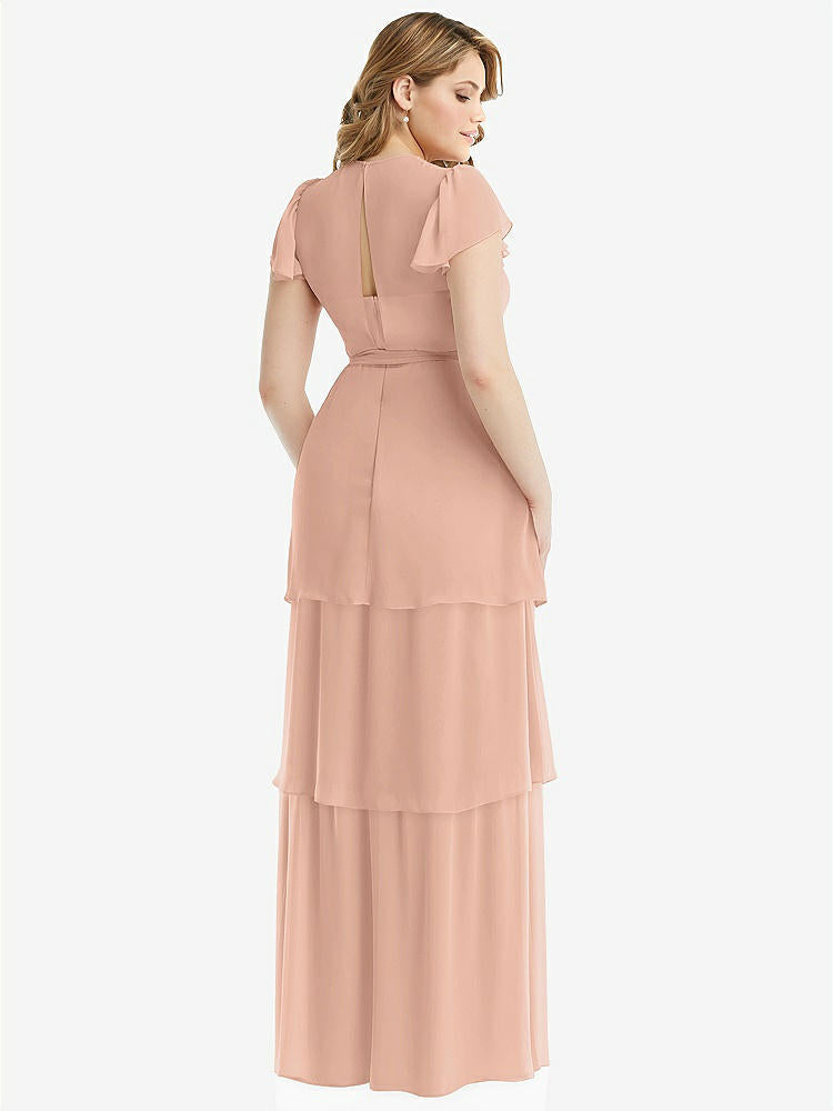 【STYLE: 3116】Flutter Sleeve Jewel Neck Chiffon Maxi Dress with Tiered Ruffle Skirt【COLOR: Pale Peach】