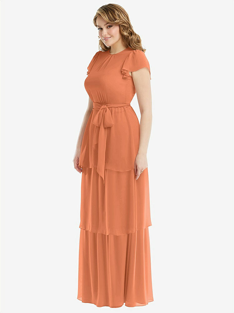 【STYLE: 3116】Flutter Sleeve Jewel Neck Chiffon Maxi Dress with Tiered Ruffle Skirt【COLOR: Sweet Melon】
