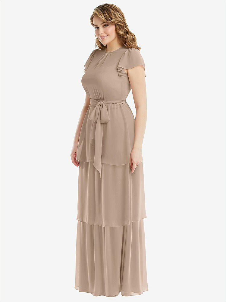 【STYLE: 3116】Flutter Sleeve Jewel Neck Chiffon Maxi Dress with Tiered Ruffle Skirt【COLOR: Topaz】