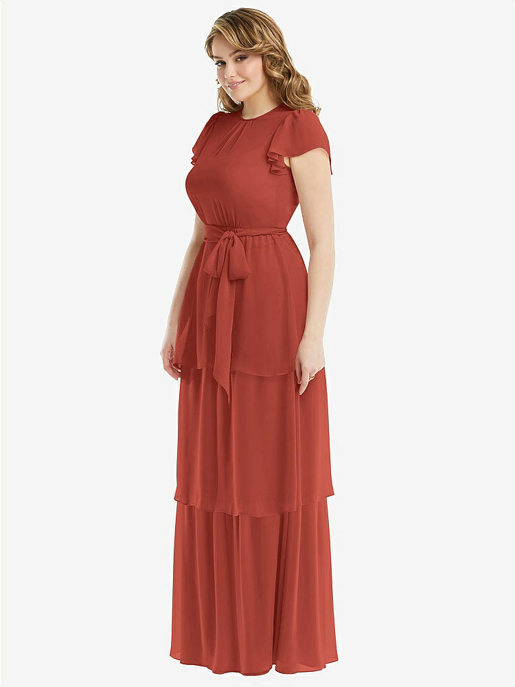 【STYLE: 3116】Flutter Sleeve Jewel Neck Chiffon Maxi Dress with Tiered Ruffle Skirt【COLOR: Amber Sunset】