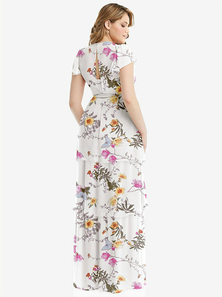 【STYLE: 3116】Flutter Sleeve Jewel Neck Chiffon Maxi Dress with Tiered Ruffle Skirt【COLOR: Butterfly Botanica Ivory】