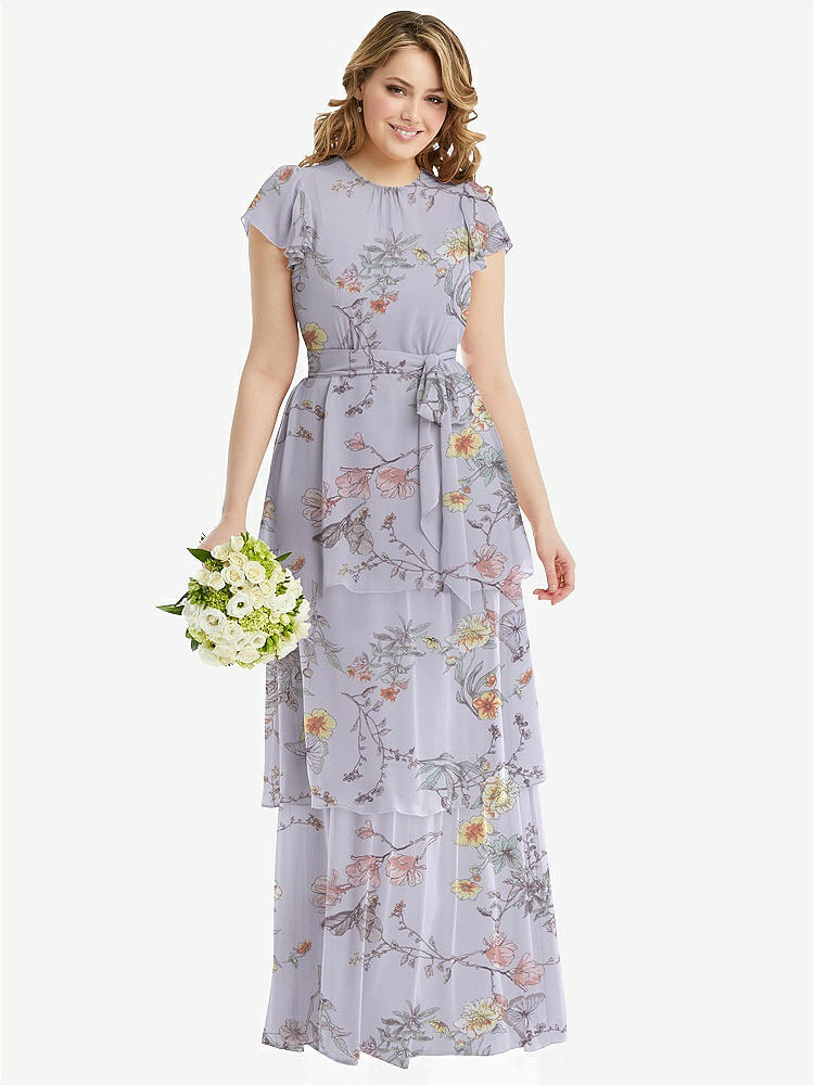 【STYLE: 3116】Flutter Sleeve Jewel Neck Chiffon Maxi Dress with Tiered Ruffle Skirt【COLOR: Butterfly Botanica Silver Dove】