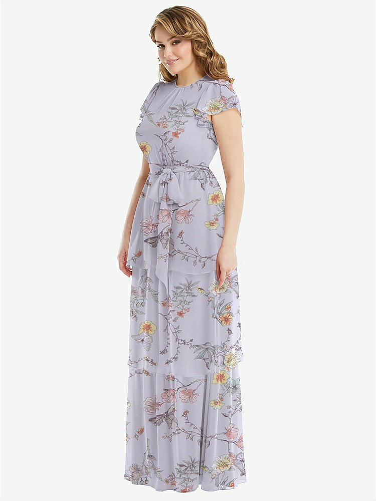 【STYLE: 3116】Flutter Sleeve Jewel Neck Chiffon Maxi Dress with Tiered Ruffle Skirt【COLOR: Butterfly Botanica Silver Dove】