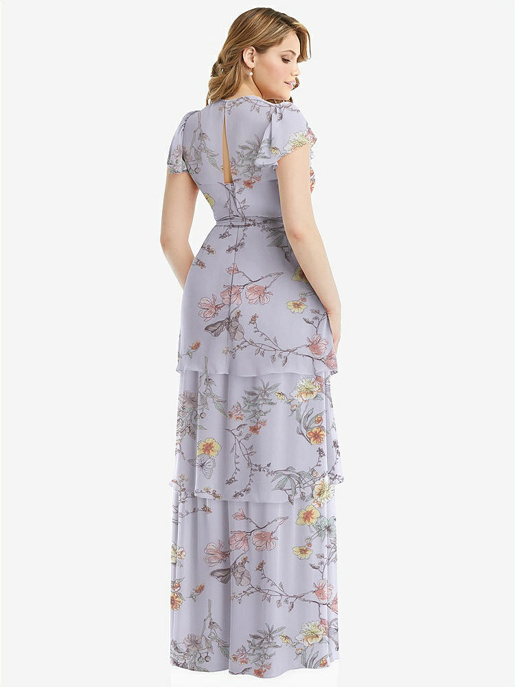【STYLE: 3116】Flutter Sleeve Jewel Neck Chiffon Maxi Dress with Tiered Ruffle Skirt【COLOR: Butterfly Botanica Silver Dove】
