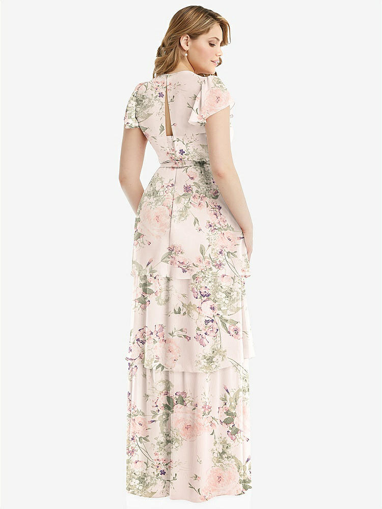 【STYLE: 3116】Flutter Sleeve Jewel Neck Chiffon Maxi Dress with Tiered Ruffle Skirt【COLOR: Blush Garden】