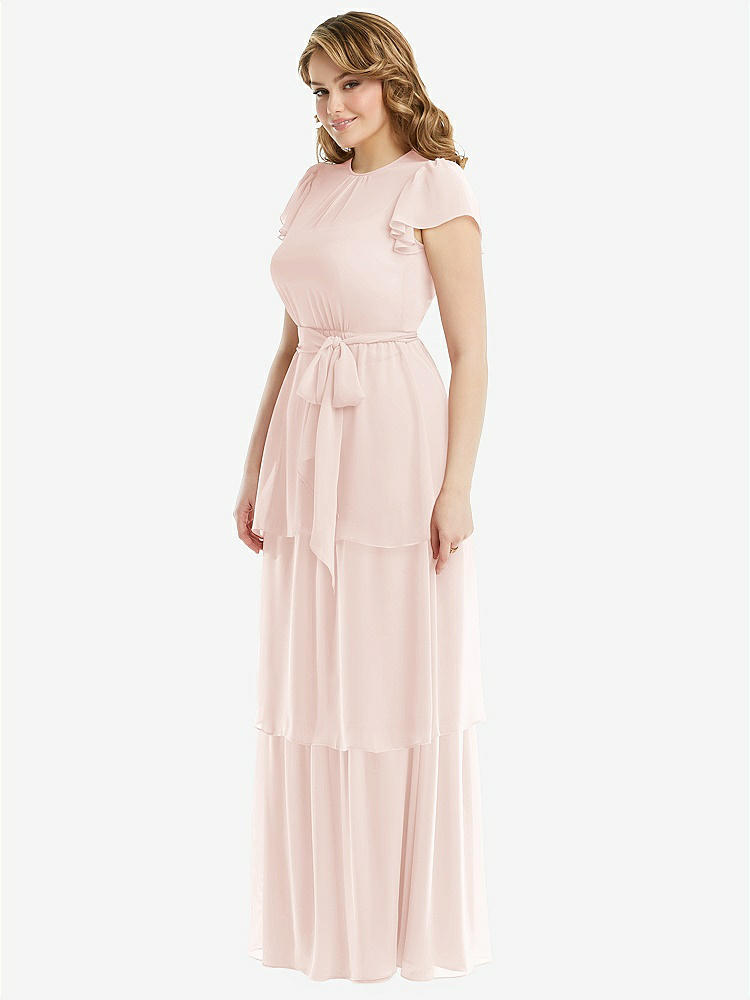 【STYLE: 3116】Flutter Sleeve Jewel Neck Chiffon Maxi Dress with Tiered Ruffle Skirt【COLOR: Blush】