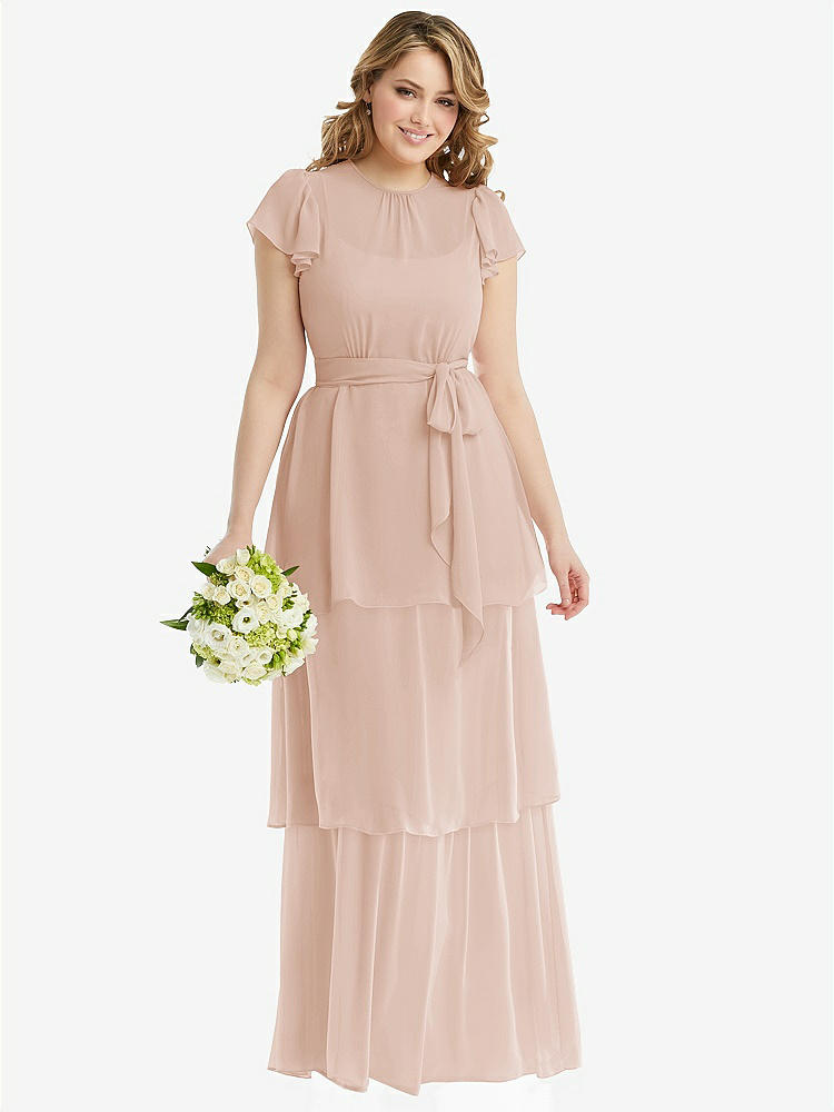 【STYLE: 3116】Flutter Sleeve Jewel Neck Chiffon Maxi Dress with Tiered Ruffle Skirt【COLOR: Cameo】