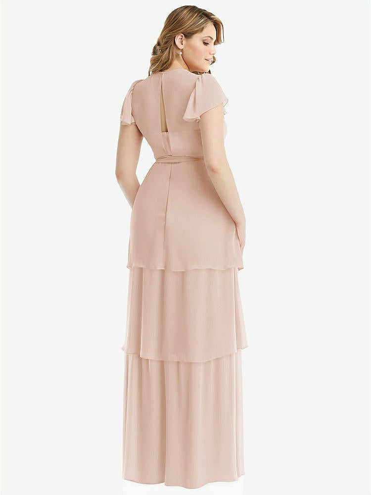 【STYLE: 3116】Flutter Sleeve Jewel Neck Chiffon Maxi Dress with Tiered Ruffle Skirt【COLOR: Cameo】