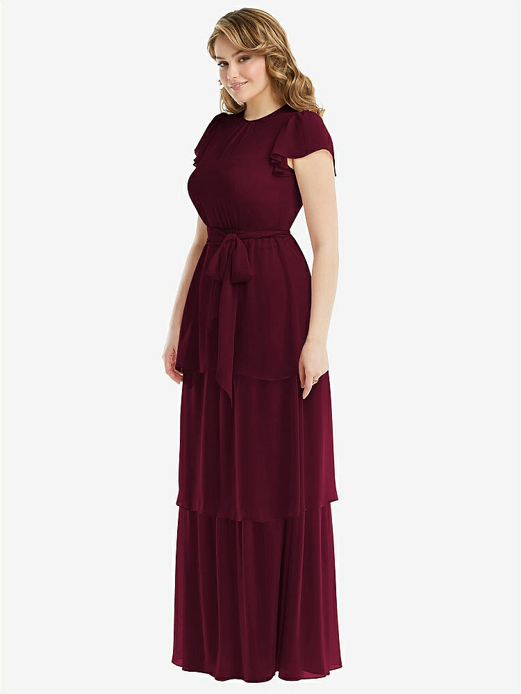【STYLE: 3116】Flutter Sleeve Jewel Neck Chiffon Maxi Dress with Tiered Ruffle Skirt【COLOR: Cabernet】