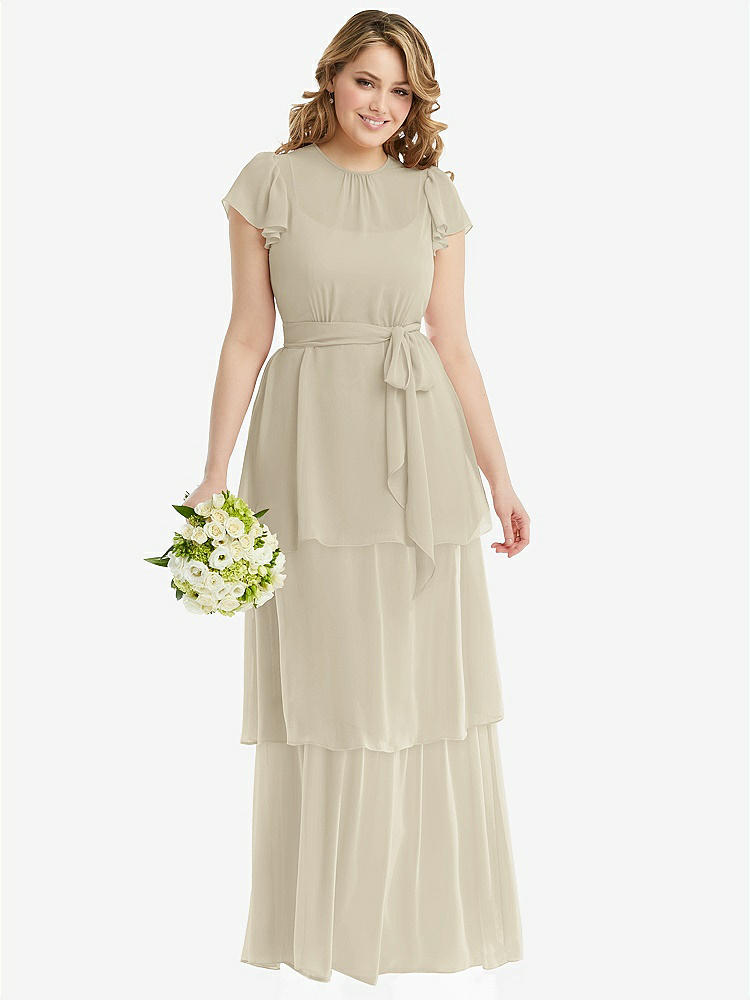 【STYLE: 3116】Flutter Sleeve Jewel Neck Chiffon Maxi Dress with Tiered Ruffle Skirt【COLOR: Champagne】