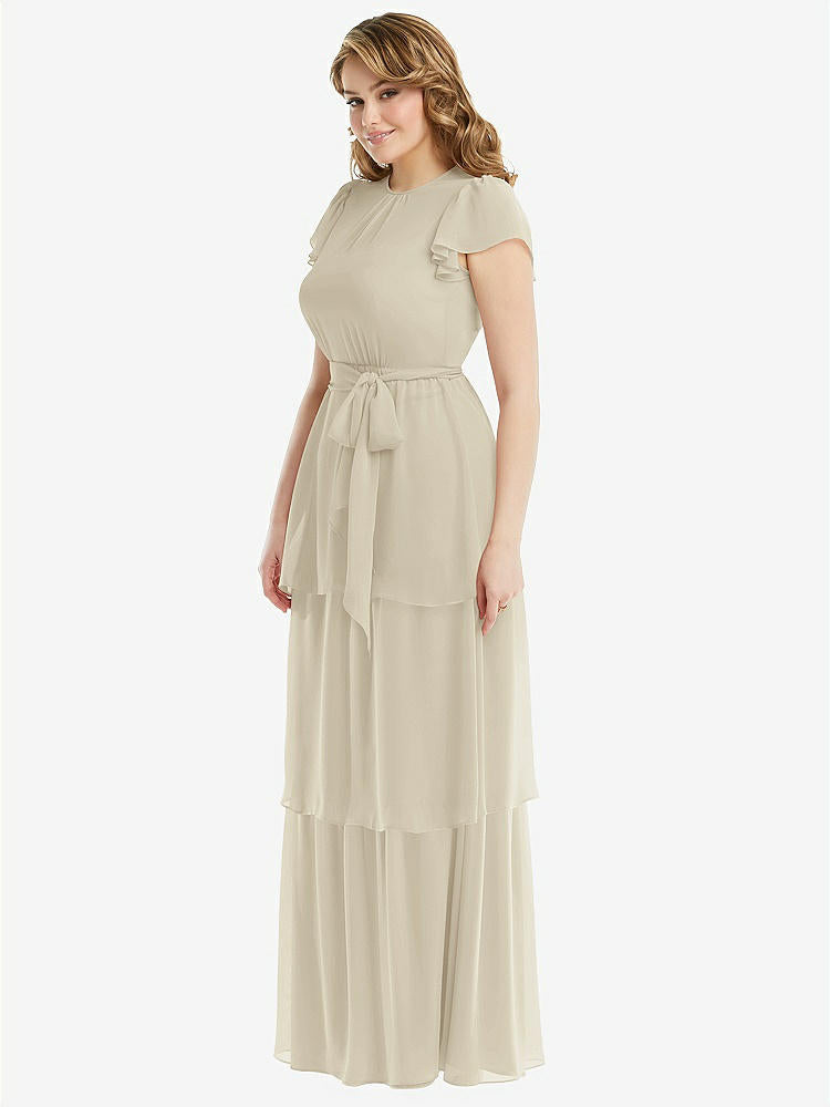 【STYLE: 3116】Flutter Sleeve Jewel Neck Chiffon Maxi Dress with Tiered Ruffle Skirt【COLOR: Champagne】