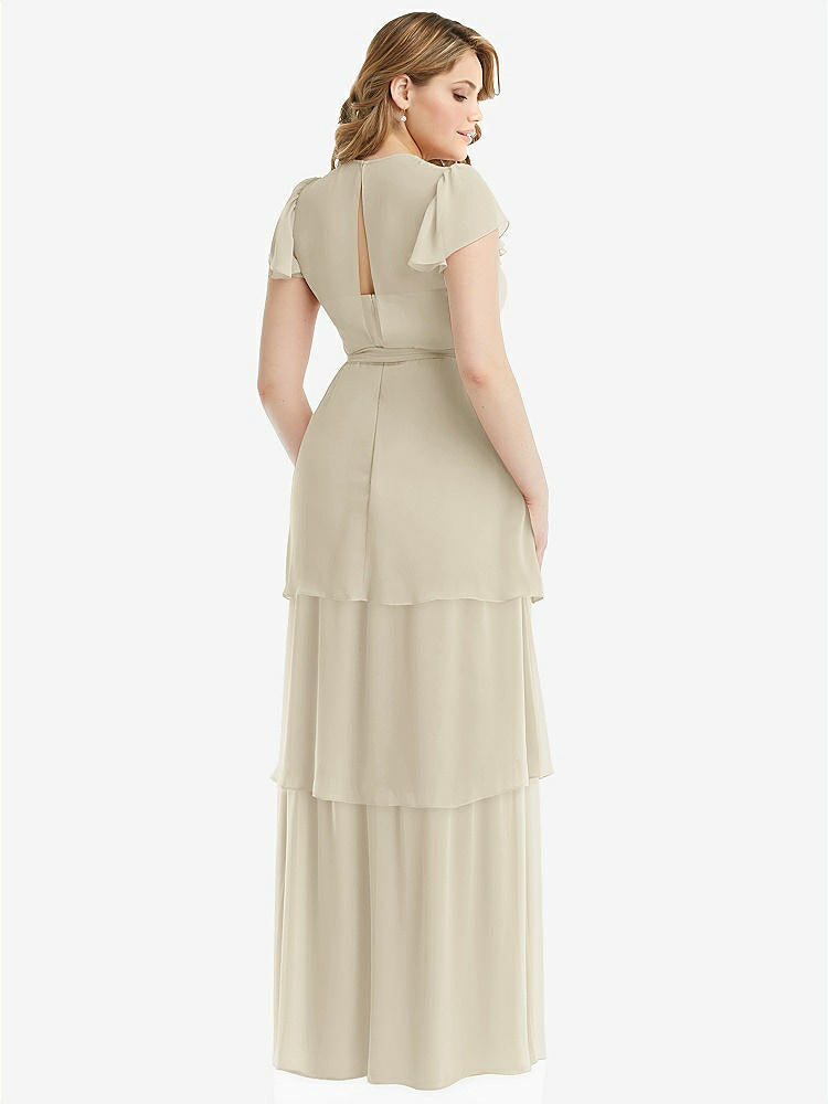 【STYLE: 3116】Flutter Sleeve Jewel Neck Chiffon Maxi Dress with Tiered Ruffle Skirt【COLOR: Champagne】