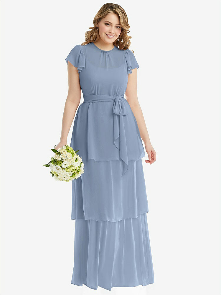 【STYLE: 3116】Flutter Sleeve Jewel Neck Chiffon Maxi Dress with Tiered Ruffle Skirt【COLOR: Cloudy】